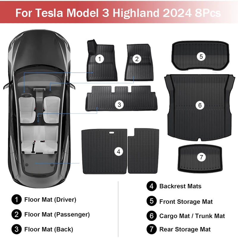 Floor Mats for Tesla Model Y 2021-2024 Accessories Waterproof Trunk Mat TPE Pads for Tesla Model 3 2024 Highland Accessories