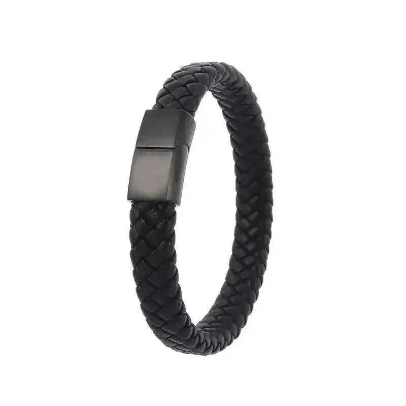 Classic Single Layer Black Hand Woven Leather Bracelet with Metal Magnetic Clasp Men\'s Fashion Business Jewelry Gift