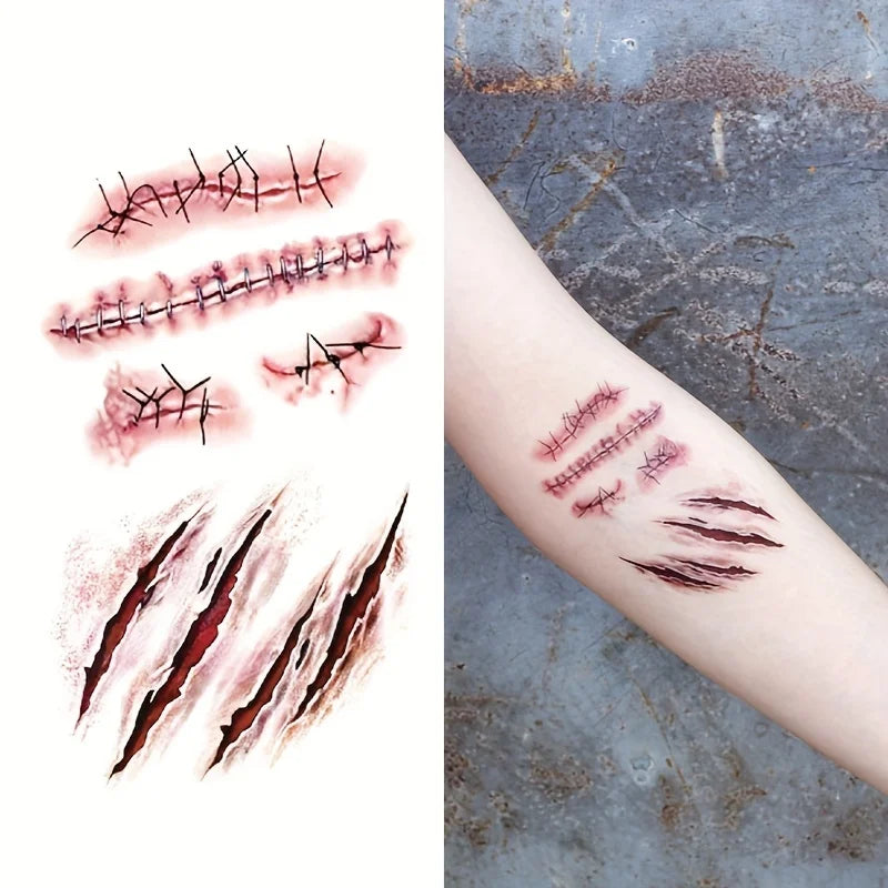 10pcs 3D Fake Scar Tattoos Sticker Body Face Realistic Scab Temporary Tattoos Halloween Horror Wound Bloody DIY Makeup Stickers