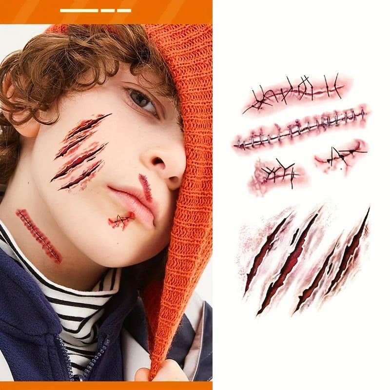 10pcs 3D Fake Scar Tattoos Sticker Body Face Realistic Scab Temporary Tattoos Halloween Horror Wound Bloody DIY Makeup Stickers