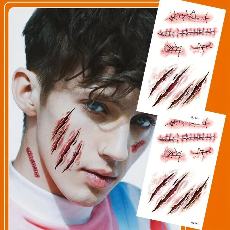 10pcs 3D Fake Scar Tattoos Sticker Body Face Realistic Scab Temporary Tattoos Halloween Horror Wound Bloody DIY Makeup Stickers