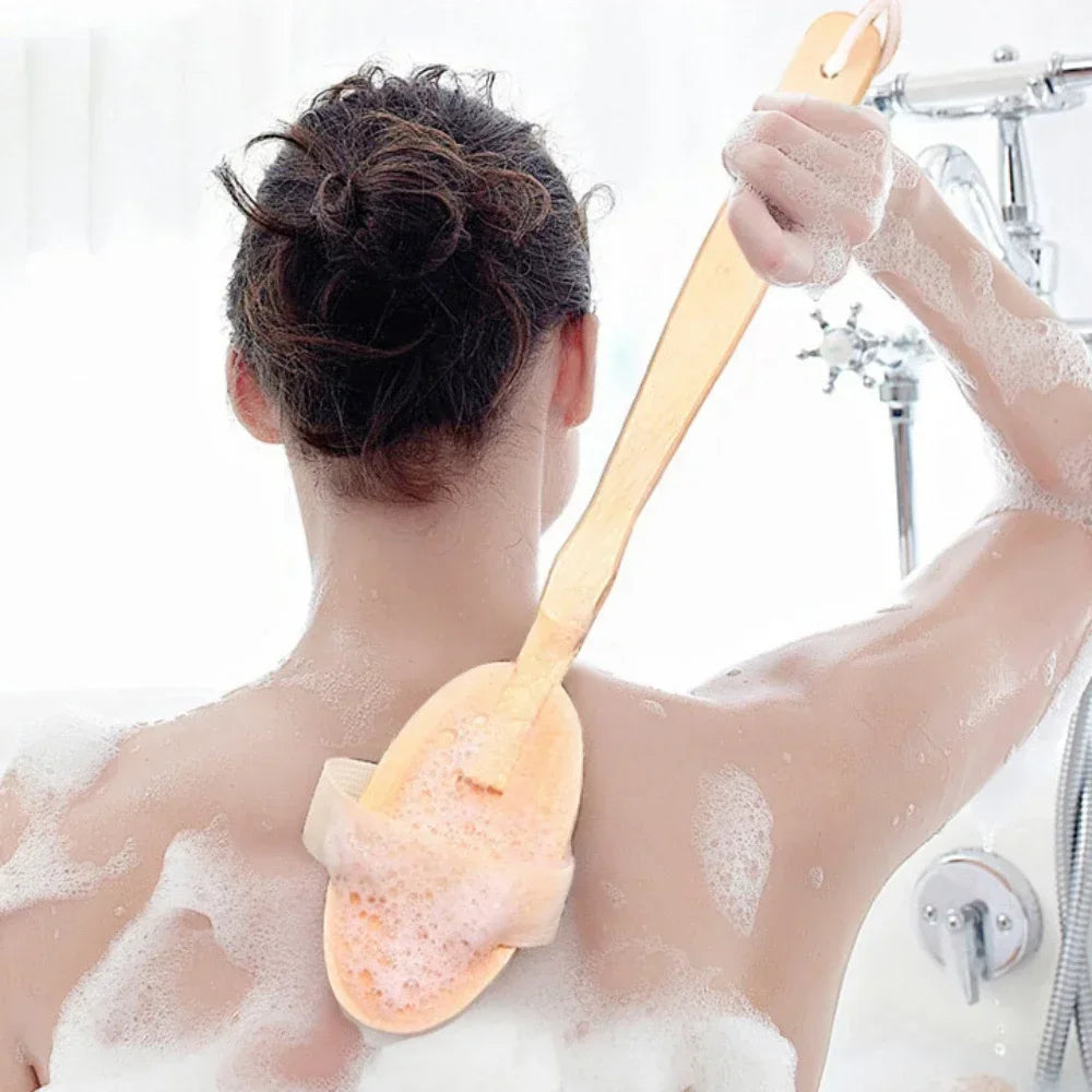 1Pc Wooden Detachable Long Handle Shower Body Brush Bathing Massage Back Body Exfoliating Brush Bathroom Wash Brush Bath Tools